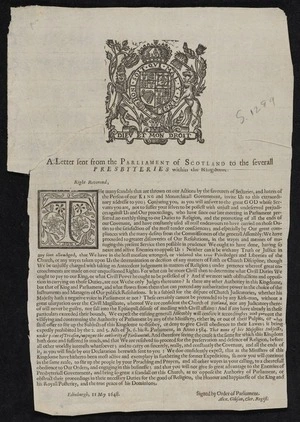 A letter sent from the Parliament of Scotland to the severall Presbyteries within the kingdome.
