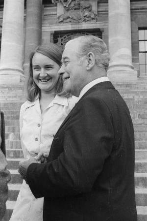 Marilyn Waring and Sir Keith Holyoake outside Parliament, Wellington