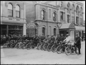Men with motorcycles outside Henry J Ranger's Christchurch Garage