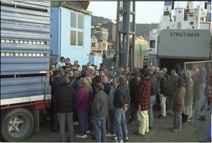 Waterfront Workers' Union members in Wellington, listening to Union secretary Trevor Hansen during the protest preventing new Cook Strait ferry, the Straitsman, from sailing - Photographs taken by John Nicholson