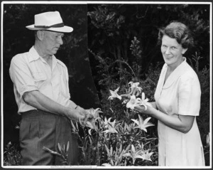 James W Matthews examines daylilies with his wife