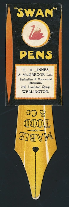 C A Innes & MacGregor Ltd :""Swan" pens. C A Innes & MacGregor, booksellers and commercial stationers, 256 Lambton Quay, Wellington. Mabie Todd & Co [ca 1930-1935]