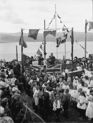 Part 1 of a 2 part panorama depicting a ceremony held at Roseneath School, Wellington