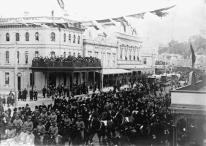 Parade and crowd, Lambton Quay, Wellington