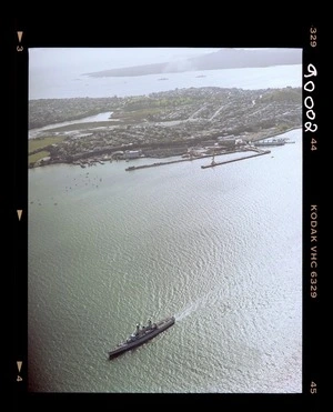 Royal New Zealand Navy ships with the naval flotilla entering off Devonport, North Shore, Auckland