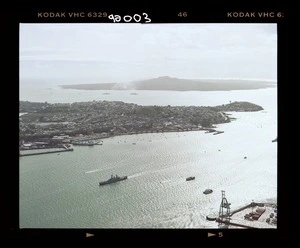 Royal New Zealand Navy ships with the naval flotilla entering off Devonport, North Shore, Auckland