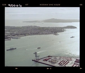 Royal New Zealand Navy ships with the naval flotilla entering off Devonport, North Shore, Auckland