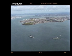 Royal Australian Navy ships with the naval flotilla entering off Devonport, North Shore, Auckland