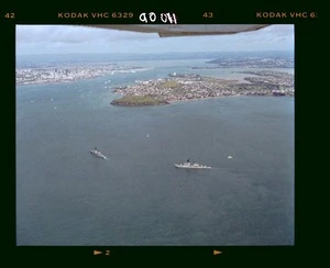 Royal Australian Navy ships with the naval flotilla entering North Head, Auckland