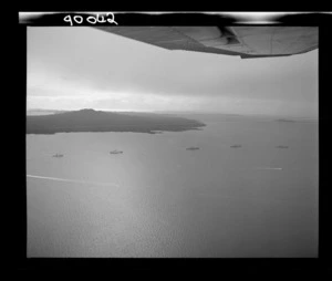 Royal New Zealand Navy ships with the naval flotilla entering Rangitoto Channel, Auckland