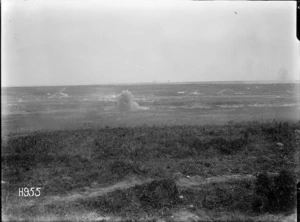 A German shell bursting near the NZRB support line in France, World War I