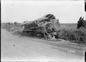 A German lorry destroyed by shellfire in World War I, France