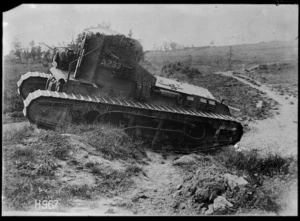 A Whippet tank crossing a trench, World War I