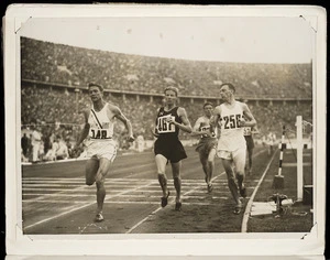 Photograph of Jack Lovelock, Gene Venzke and Jerry Cornes qualifying in the heats of the Olympic 1500 metres
