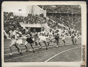 Photograph of Jack Lovelock and other runners competing in the 1500 metres final at the Berlin Olympic Games