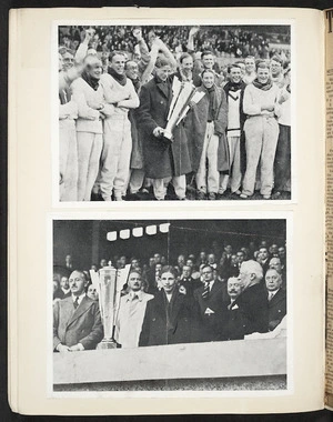 Two photographs of Jack lovelock and other team members after their victory in the A Travers Paris relay