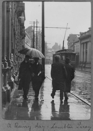 Pedestrians in the rain, Lambton Quay, Wellington