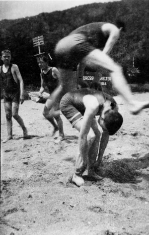 Banks College students playing leap frog