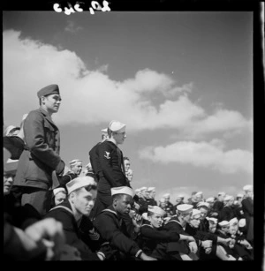 Unidentified American servicemen listening to a welcome at Ngaruawahia