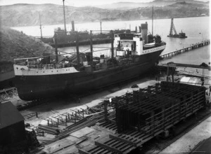 Oil tanker Paua, coal-ship Wingatui, and oil barge Hinuwai under construction, at Evans Bay, Wellington