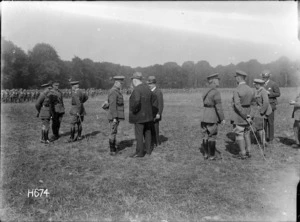 Prime Minister William Massey and Joseph Ward at the inspection of the New Zealand Rifle Brigade, Bois-de-Warnimont, France