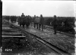 New Zealand troops move down a corduroy road, Ypres Salient