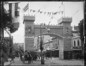 National Dairy Association's decorative triumphal arch on Lambton Quay, Wellington, erected for the 1901 visit of the Duke and Duchess of Cornwall and York