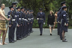 Israeli ambassador, Ruth Kahanoff, inspecting guard of honour at Government House, Wellington - Photograph taken by Anthony Phelps