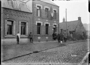 Returned French civilians outside their homes in Beauvois, France, World War I