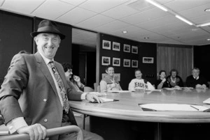 Seamen's Union president Dave Morgan occupying the Shipping Corporation's boardroom in protest at the sale of the Corporation - Photograph taken by Ross Giblin