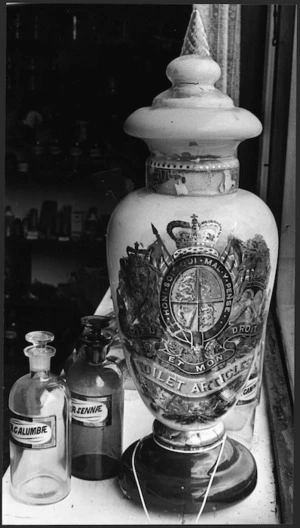 Ornamental china specie jar in the museum above John Castle's chemist shop, Newtown, Wellington - Photograph taken by Jack Short