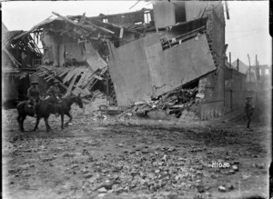 Shell damaged houses in Beauvois, France, World War I