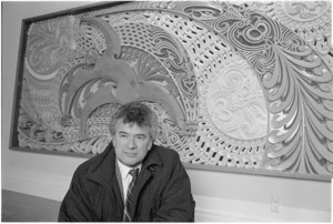 Cliff Whiting with his art work Tawhiri Matea - Photograph taken by John Nicholson