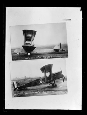 Copy photograph of World War I British bomber bi-planes, de Havilland or AIR-CO 3 and RAF A7995 de Havilland or AIR-CO 4, on runways of unknown locations