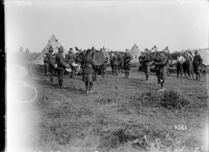 An Auckland Regimental pipe band playing in France during World War I