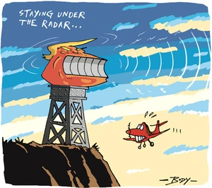 Staying under the radar - Jacinda Ardern as a small red helicopter flying under Donald Trump as a tall radar on a cliff
