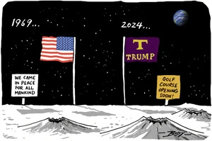 The 1969 American flag on the moon with sign "We came in peace for all mankind" contrasted with the 2024 "T Trump" flag on the moon with sign "Golf course opening soon".