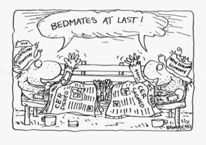 Bromhead, Peter, 1933- :Bedmates at last! Auckland Star, 14 December 1982.