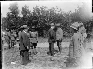 Prime Minister William Massey with a New Zealand Infantry Brigade, Louvencourt, France