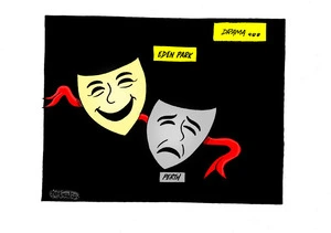 Drama - the "Eden Park" comedy and "Perth" tragedy masks for the All Blacks loss and win in Bledisloe Cup matches with the Wallabies