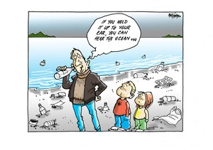A father tells his two children to hold a beach rubbish bottle to their ear instead of a sea shell to "hear the ocean"
