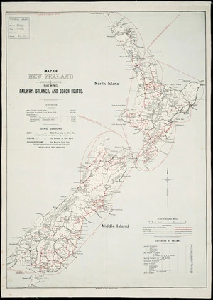 Map of New Zealand shewing railway, steamer and coach routes.