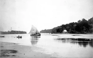 The mouth of the Tahakopa River, showing the first boat sailing up to William Mccurdie's camp