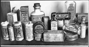 Potions, pills and powders from the collection of patent medicines in the museum above John Castle's chemist shop, Newtown, Wellington - Photograph taken by Jack Short