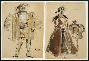 Boyce, Raymond Stanley, 1928-2019 :"The Young Elizabeth". Katherine. Thomas. [Jennette Dowling and Francis Letton. Two costume designs for the New Zealand Players national tour. 1953].