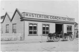 Masterton coach factory showrooms operated by Wagg and Co, with two carts outside