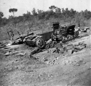 Wrecked German military tank, Italy, during World War II