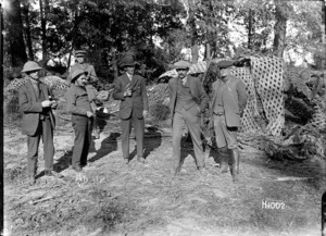 New Zealand journalists inspect a German dugout at Haplincourt, World War I