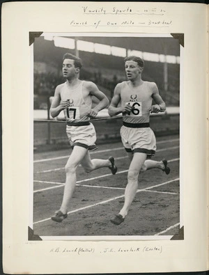 Photograph of Jack Lovelock dead-heating with Tony Leach in the Oxford vs Cambridge University Sports