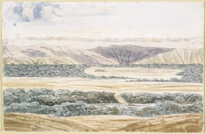 Crawford, James Coutts 1817-1889 :Wairarapa Plains & Ruamahanga River - with the gorge in the Rimutaka Range where the new road enters the plains - Tararua in the distance. [1849]